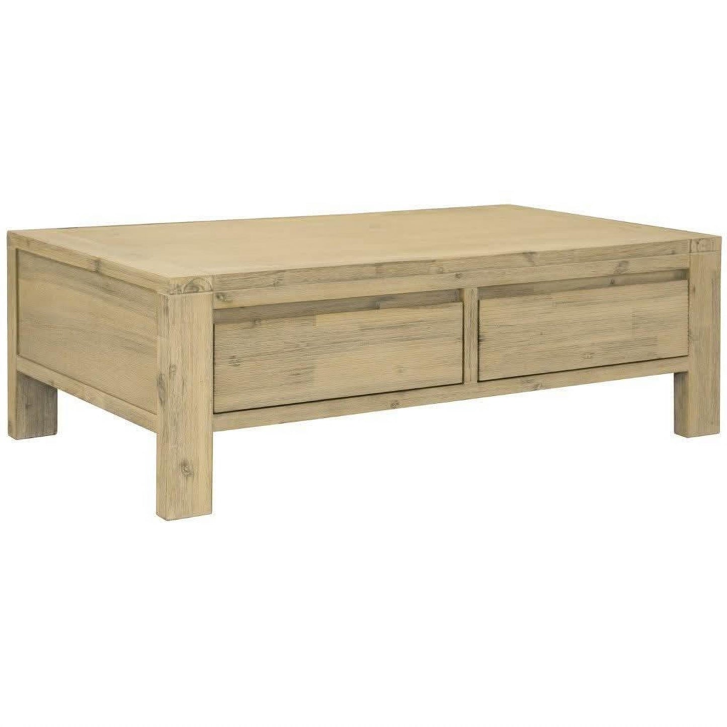Chocolate Wood Ripley solid acacia timber coffee table with two drawers in brushed smoke finish, featuring a sleek, modern design.