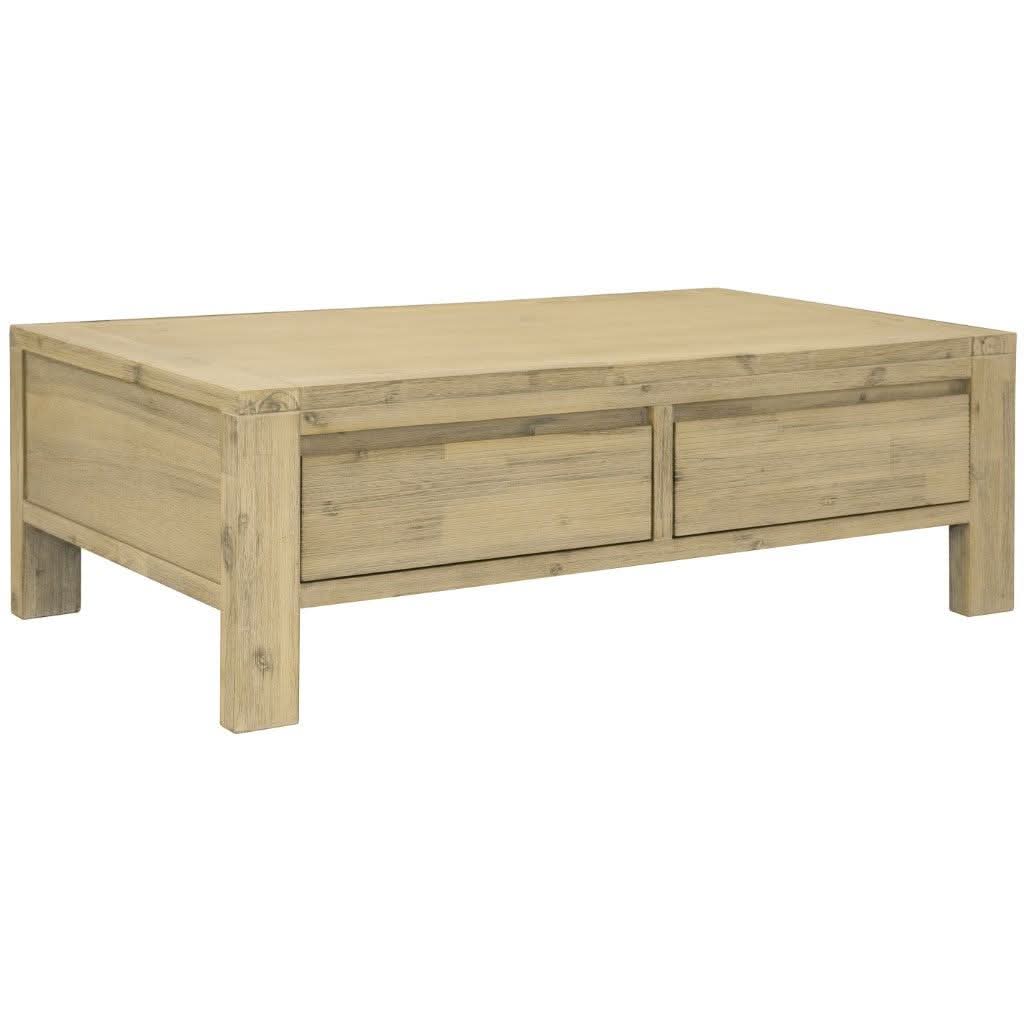 MyChocolateWood Ripley solid acacia timber coffee table with two drawers in brushed smoke finish, featuring a sleek, modern design.