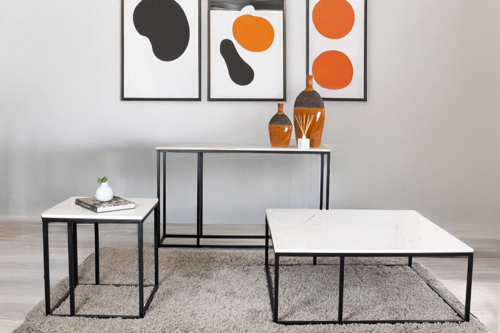 VINTRY CONSOLE TABLE/HALL TABLE - WHITE MARBLE TOP ON BLACK BASE