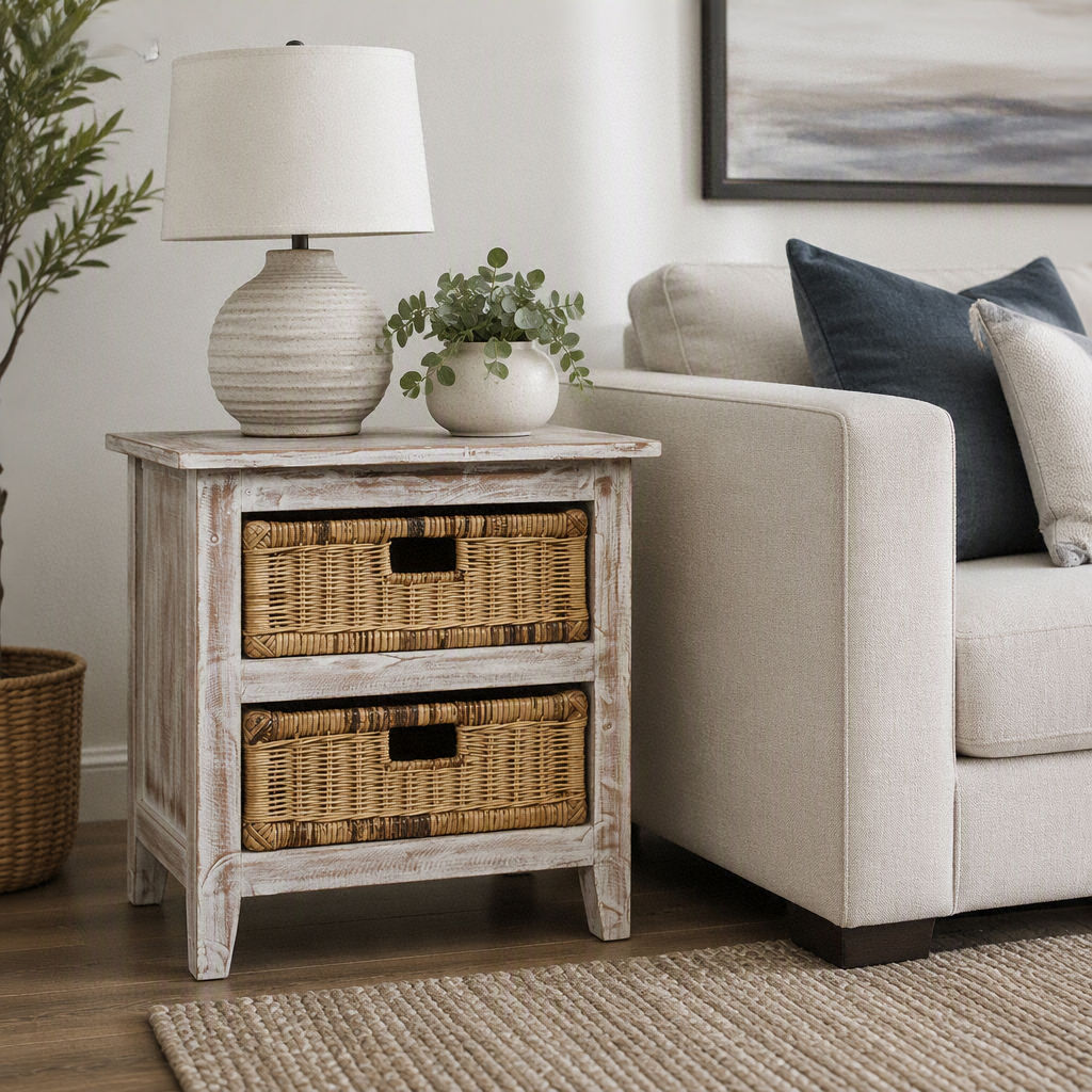 Cove Mahogany Whitewash 2-Drawer Bedside Table/Chest of Drawers with 2 Rattan Baskets