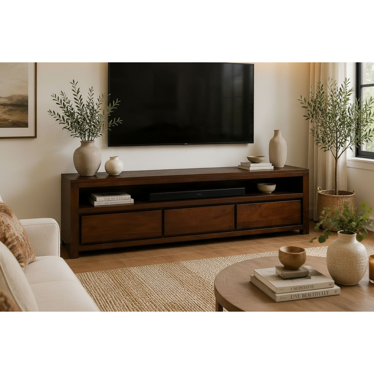 Tanaka Solid Mahogany TV Unit 190cm with 3 Drawers in Mahogany - Chocolate Wood