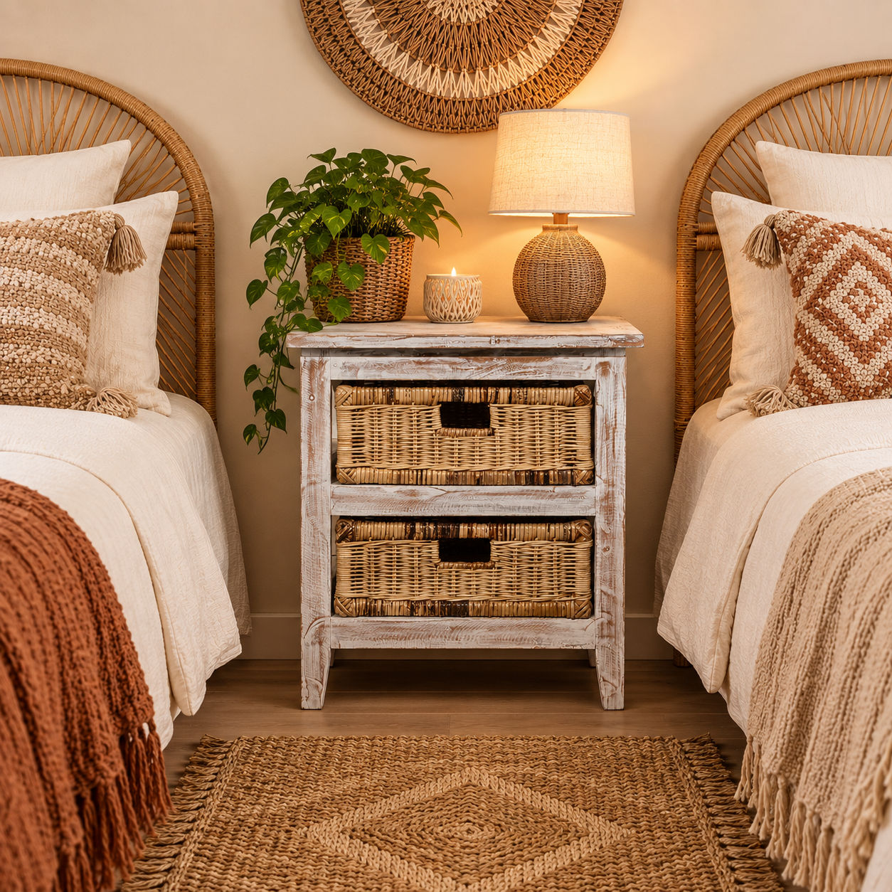 Cove Mahogany Whitewash 2-Drawer Bedside Table/Chest of Drawers with 2 Rattan Baskets