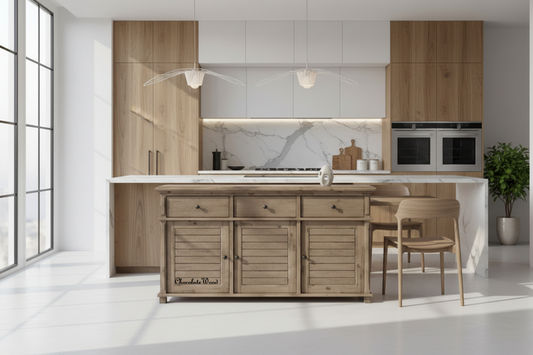 Devonshire Acacia Timber 3-door 3-drawer buffet sideboard by MyChocolateWood, brushed khaki finish with wood grain texture.