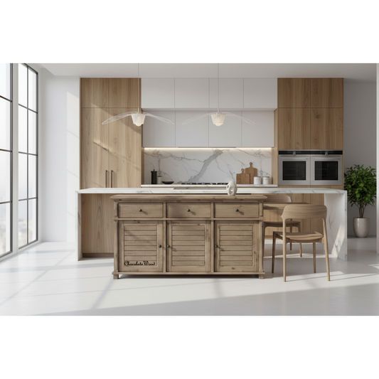 Devonshire Acacia Timber 3-door 3-drawer buffet sideboard by MyChocolateWood, brushed khaki finish with wood grain texture.