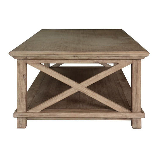 Devonshire Acacia Timber Coffee Table with Shelf in brushed khaki finish by MyChocolateWood, shows the table's sleek design and wood grain.
