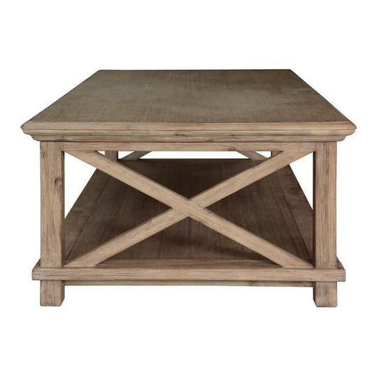 Devonshire Acacia Timber Coffee Table with Shelf in brushed khaki finish by MyChocolateWood, shows the table's sleek design and wood grain.