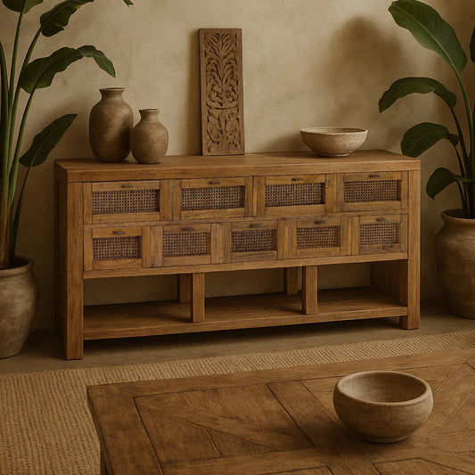 ELDRIDGE SOLID MINDI WOOD BUFFET 9 DRAWERS SIDEBOARD IN LIGHT TOBACCO 180CM - MyChocolateWood