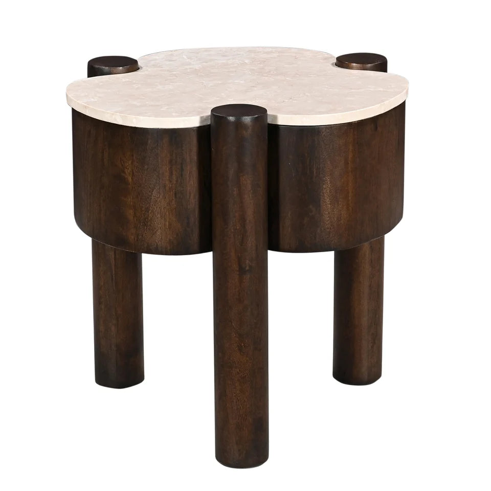 Fiore Clover-Shaped Mango Hardwood & Marble Side Table / Accent Table