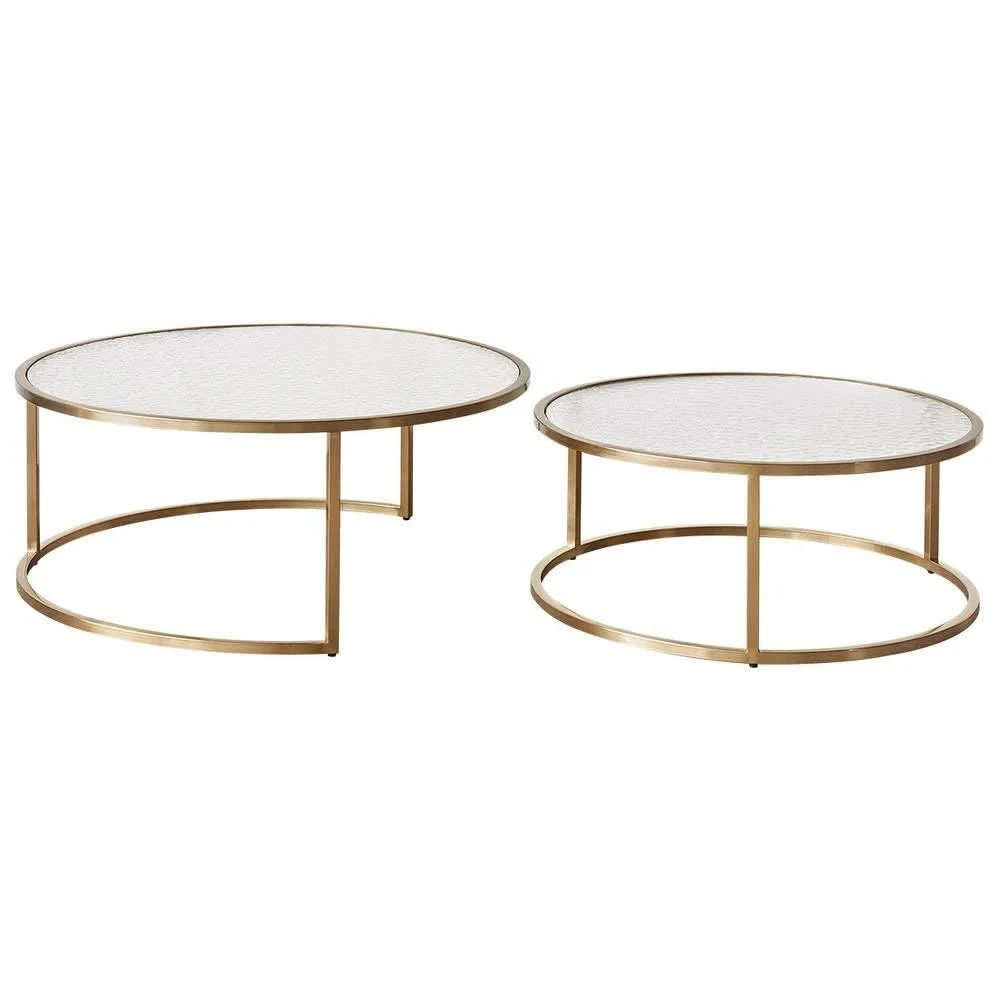 CLAUDIA SET OF 2 ROUND RIPPLED GLASS & GOLD NESTING COFFEE TABLES - MyChocolateWood