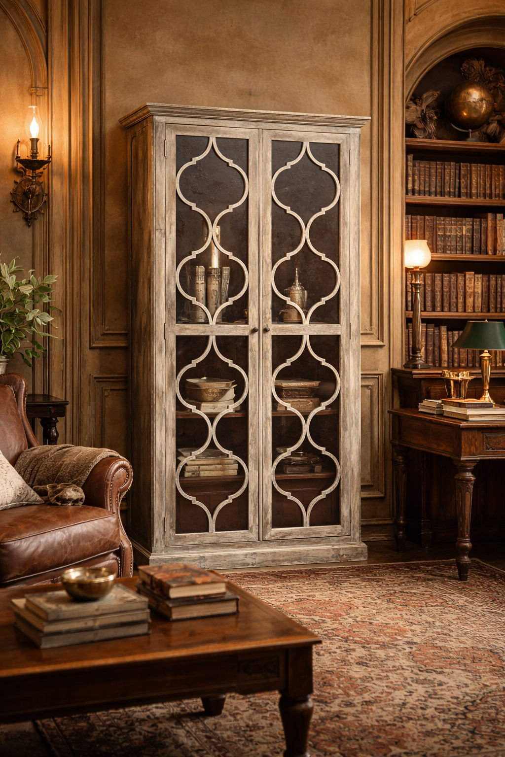 REINA GREYWASHED RECYCLED TIMBER/GLASS 2-DOOR BOOKCASE DISPLAY CABINET - MyChocolateWood