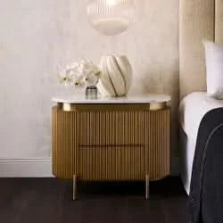 DENEUVE BEDSIDE TABLE ANTIQUE GOLD WITH CARRARA MARBLE TOP - MyChocolateWood