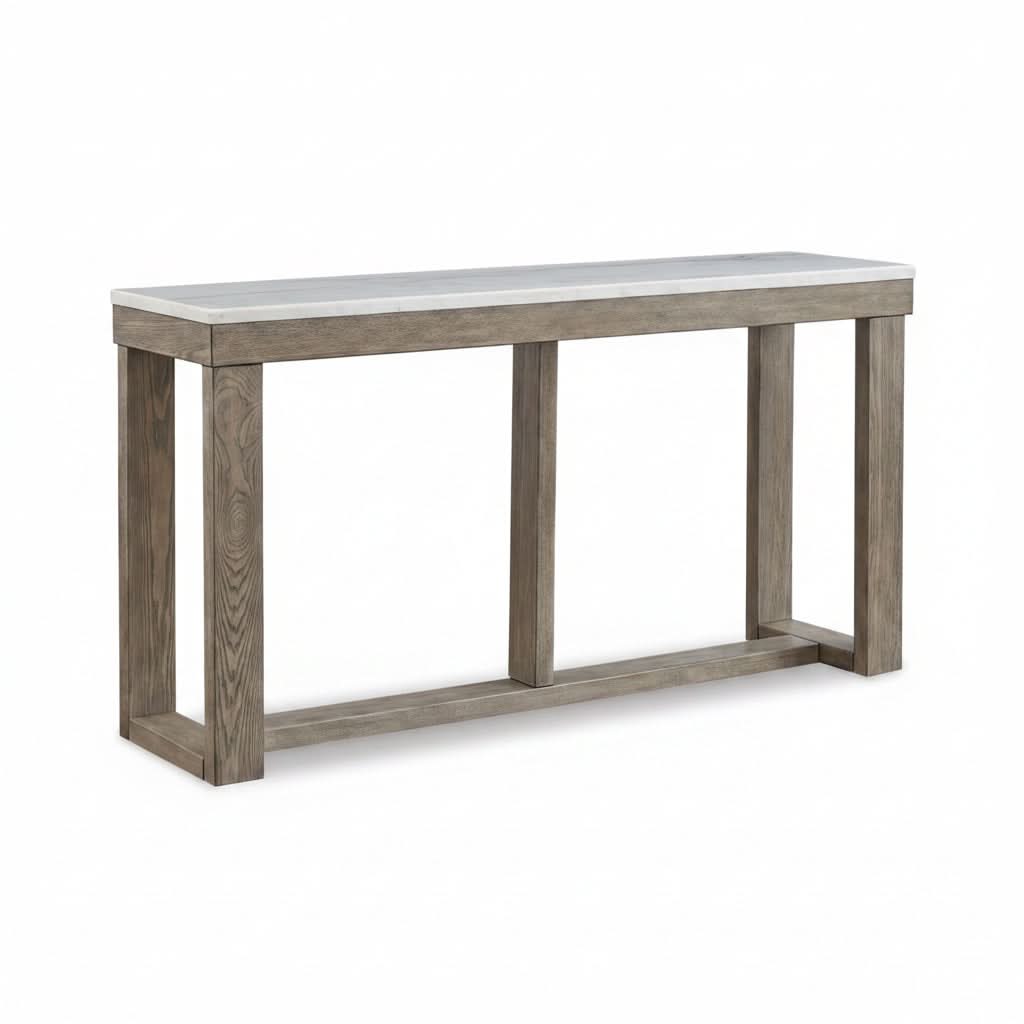 Herrington Oak Hall Table/Console Table in Greyish-Brown Wood Tone with Natural Marble Table Top