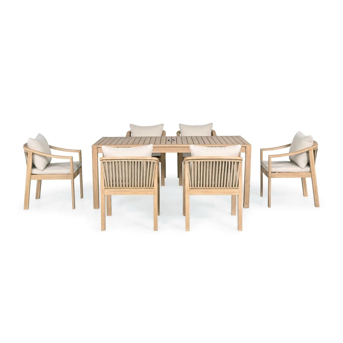IRINI ACACIA WOOD 7-PIECE OUTDOOR DINING SET SANDBLAST COLOURED FRAME/STONE COLOURED FABRIC - MyChocolateWood
