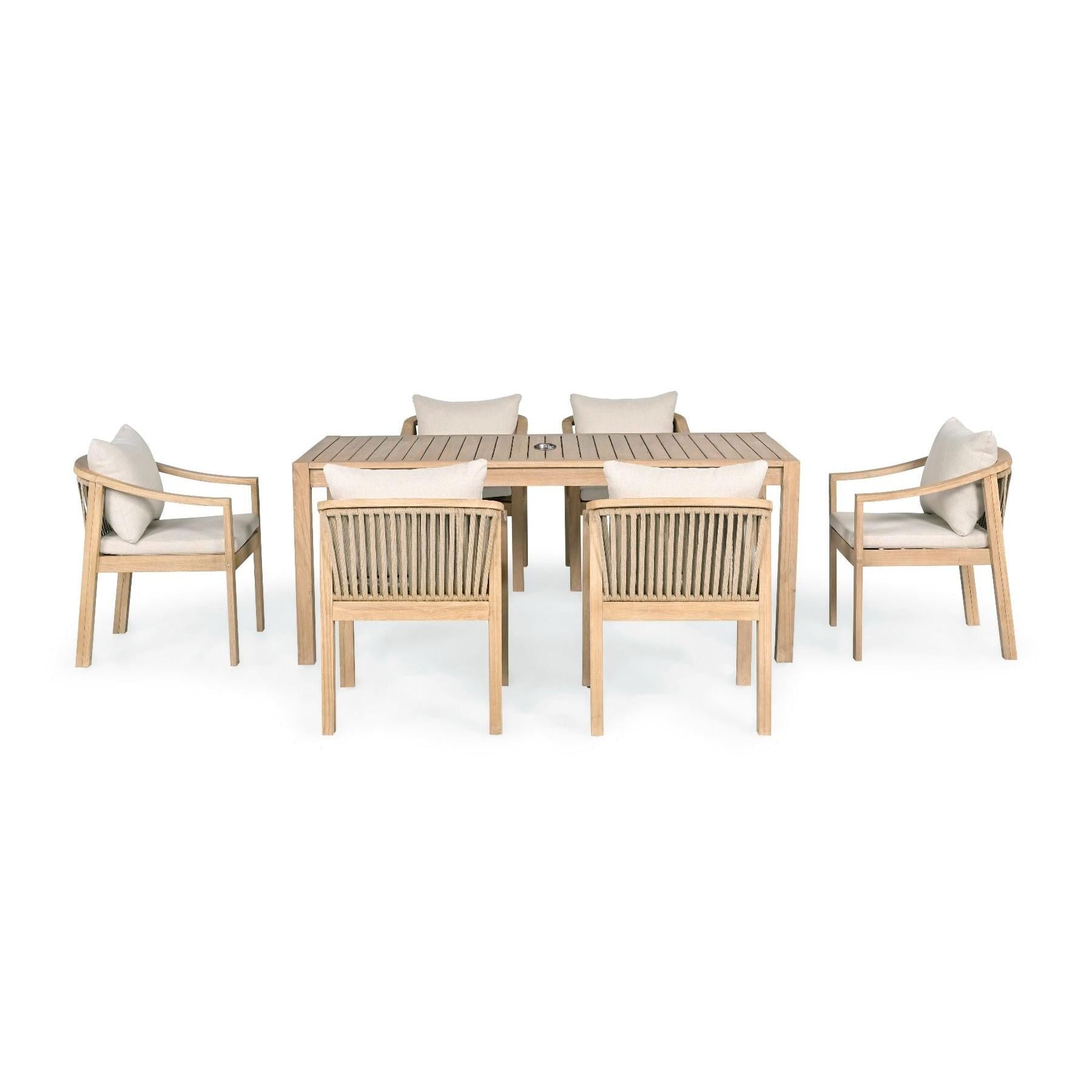 IRINI ACACIA WOOD 7-PIECE OUTDOOR DINING SET SANDBLAST COLOURED FRAME/STONE COLOURED FABRIC - MyChocolateWood