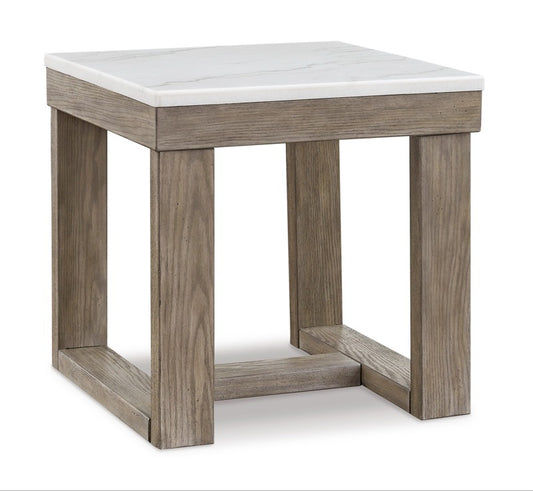 Herrington Oak Square Lamp Table in Greyish-Brown Wood Tone with Natural Marble Table Top