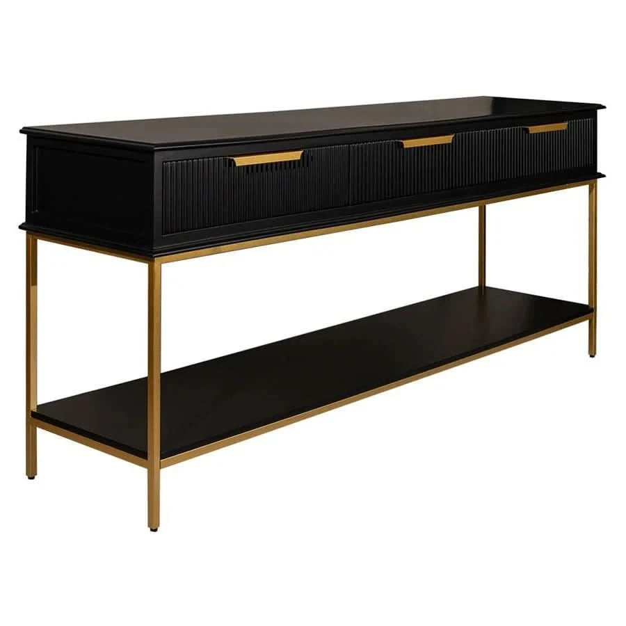 MORETTI 3-DRAWER CONSOLE TABLE/HALL TABLE SATIN BLACK  & GOLD LARGE - MyChocolateWood
