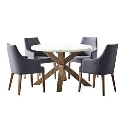 ROSALI 2-TONE WHITE CONCRETE TOP & SOLID ACACIA PEWTER 5 PIECE DINING SET: 1 ROUND DINING TABLE 120CM & 4 DINING ARMCHAIRS - MyChocolateWood