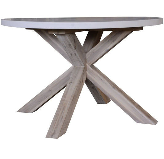 Round dining table with a white concrete top and solid acacia pewter base, 120cm diameter, from MyChocolateWood Rosali collection.