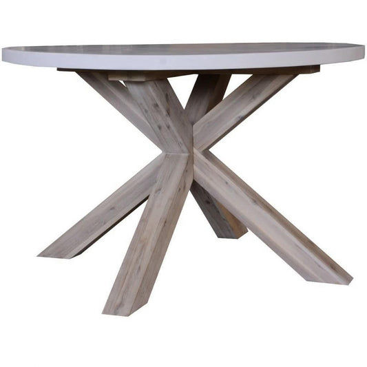 Round dining table with a white concrete top and solid acacia pewter base, 120cm diameter, from MyChocolateWood Rosali collection.