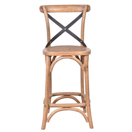 MALMO CROSS BACK OAK BAR STOOL WITH DARK METAL STRAPS - MyChocolateWood