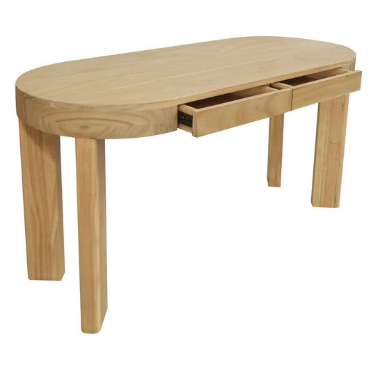 Natural wood oval desk with two drawers from the Brentwood Solid Mindi collection by MyChocolateWood, showing smooth finish and natural grain.