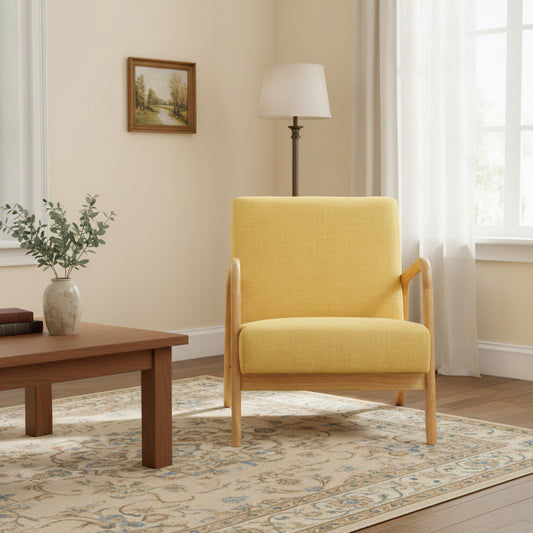 DAXTON ARMCHAIR  ACCENT CHAIR - NATURAL RUBBERWOOD FRAME/YELLOW FABRIC - MyChocolateWood
