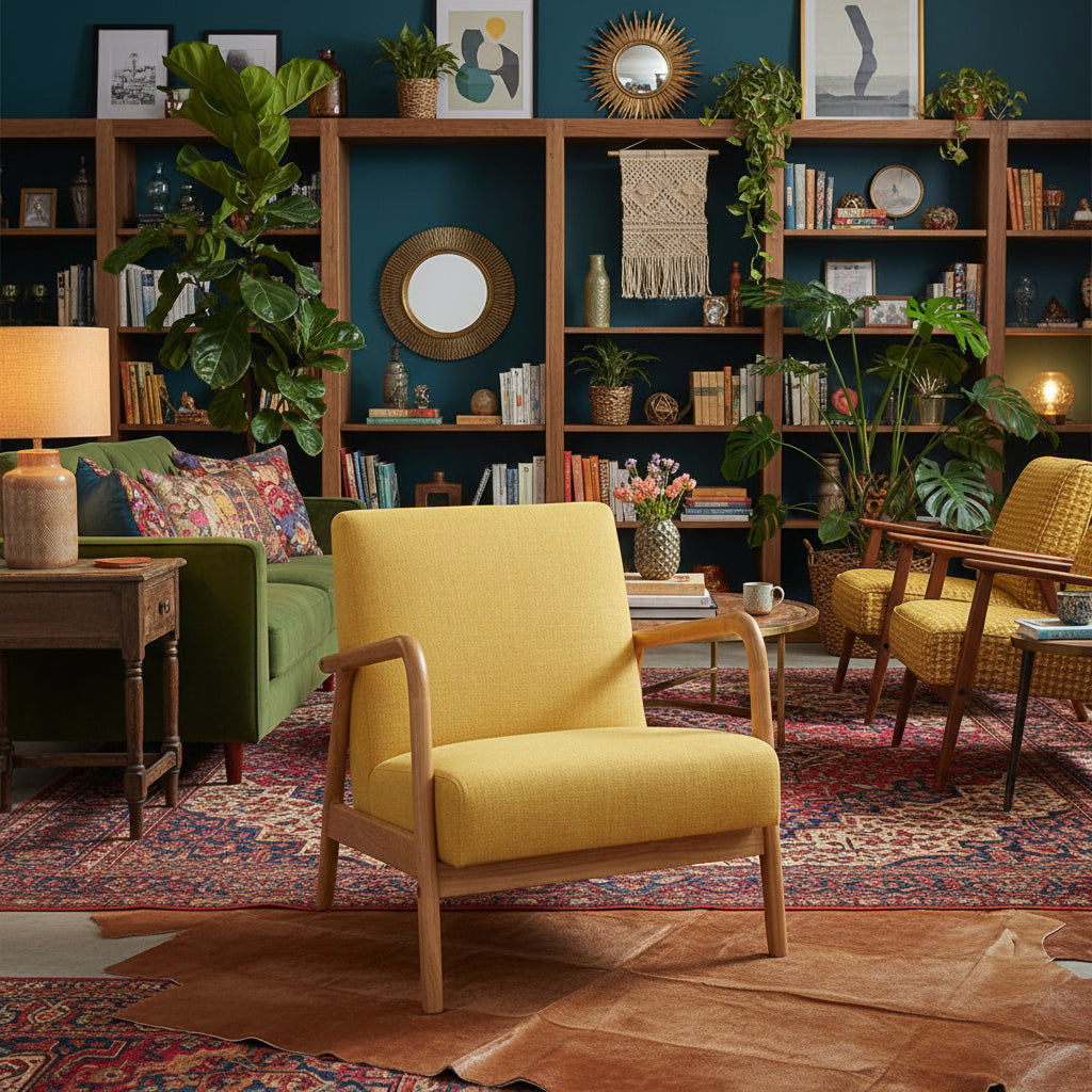 DAXTON ARMCHAIR  ACCENT CHAIR - NATURAL RUBBERWOOD FRAME/YELLOW FABRIC - MyChocolateWood