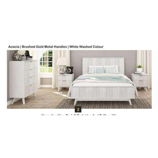 NOVAK 4 PIECE SOLID ACACIA BEDROOM SUITE: KING BED, 2XBEDSIDES, TALLBOY WHITEWASHED - MyChocolateWood