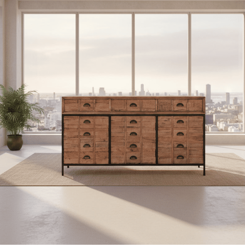 BASIL RECLAIMED OAK & IRON SIDEBOARD BUFFET 3 DRAWERS 3 DOORS LIGHT NATURAL - MyChocolateWood