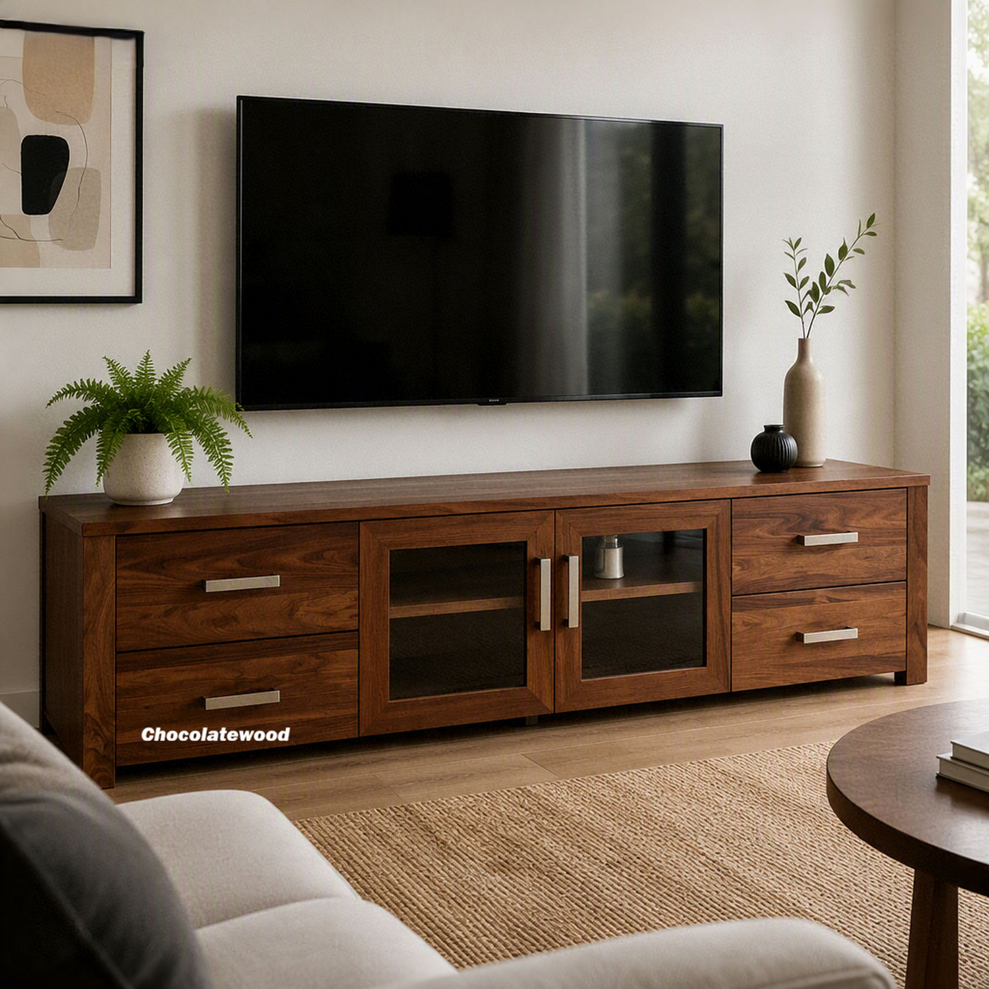 Oliver Tasmanian Blackwood 2-Glass-Door 4-Drawer TV / Entertainment Unit — Australian Custom Made