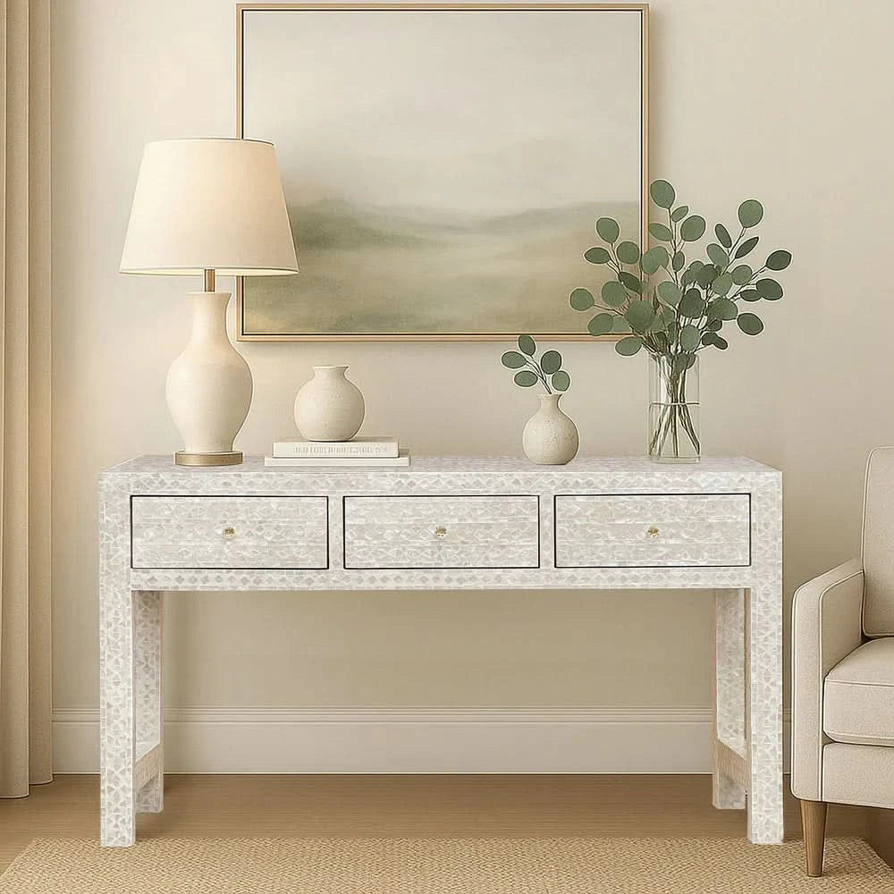 HEIDI MOTHER OF PEARL 3-DRAWER CONSOLE TABLE/HALL TABLE - MyChocolateWood
