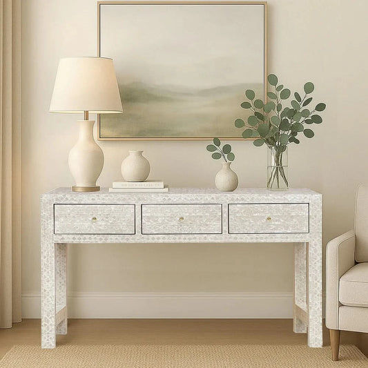 HEIDI MOTHER OF PEARL 3-DRAWER CONSOLE TABLE/HALL TABLE - MyChocolateWood