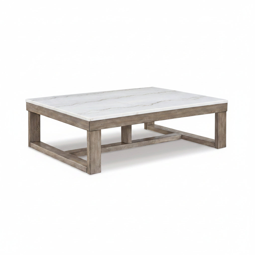 Herrington Oak Coffee Table in Greyish-Brown Wood Tone with Natural Marble Table Top