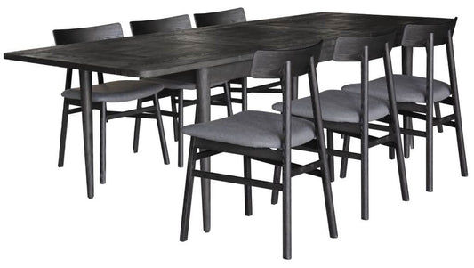 MyChocolateWood Medrano oak extension dining table with black fabric seat chairs, 170-230cm length, set for six.