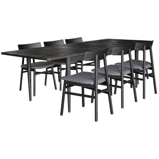 MyChocolateWood Medrano oak extension dining table with black fabric seat chairs, 170-230cm length, set for six.