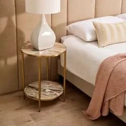MELINA ROUND SIDE TABLE/BEDSIDE TABLE PINK MARBLE/GOLD STAINLESS STEEL - MyChocolateWood