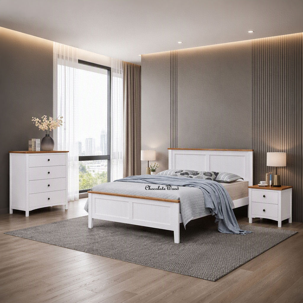 Pippa Rubberwood Queen Bed White/Mid-Brown