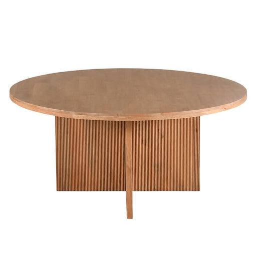 Round dining table by MyChocolateWood with natural mango wood finish, 160cm diameter, showcasing smooth wood grain and sturdy design.