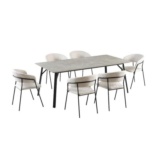 ELEKTRA 7 PIECE RECTANGULAR DINING SET: 1 MARBLE LOOK DINING TABLE 200CM & 6 BEIGE ELEKTRA DINING CHAIRS