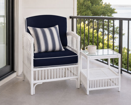 Shipton Hamptons Rattan Armchair in White with Navy Cushion