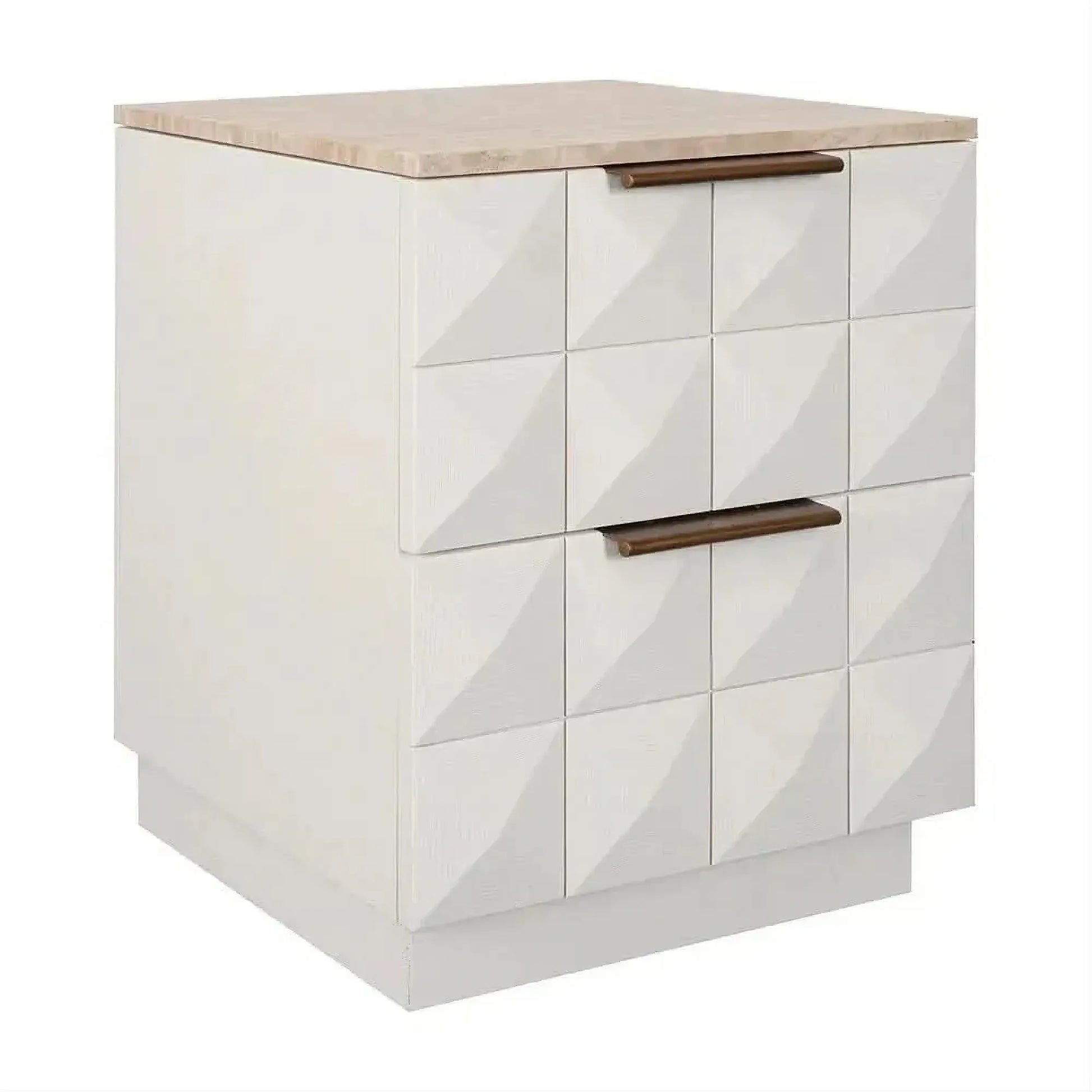 Hampshire 2-Drawer Bedside Table in White Oak with Travertine Top - Chocolate Wood