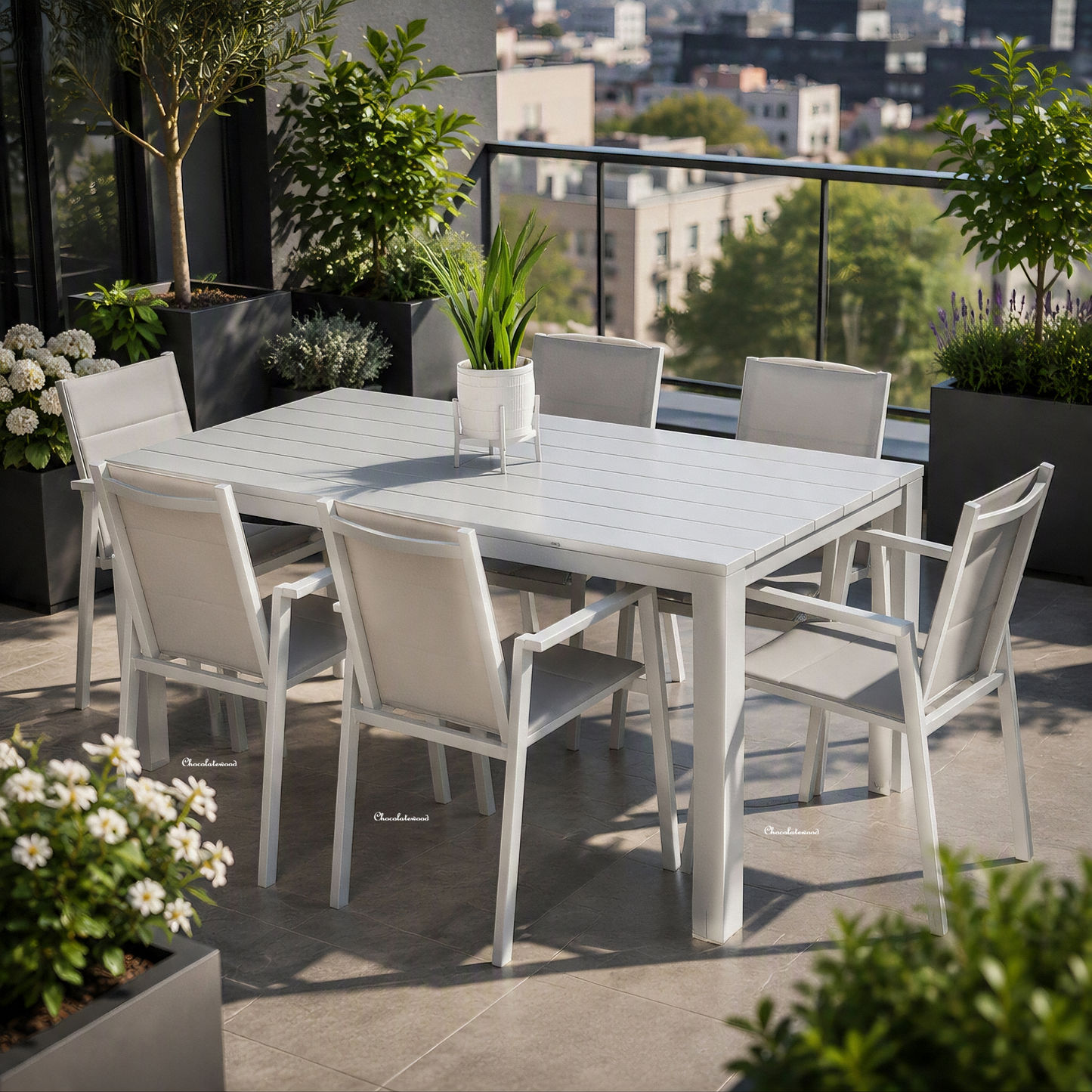 Finnigan 7 Piece Outdoor Aluminium Dining Set in White/Grey