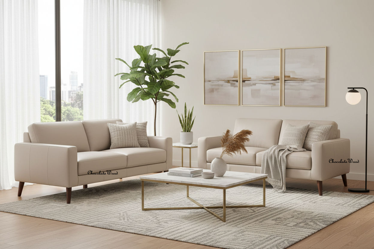 THORNA 2-SEATER + 3-SEATER REAL LEATHER SOFA SET WHEAT