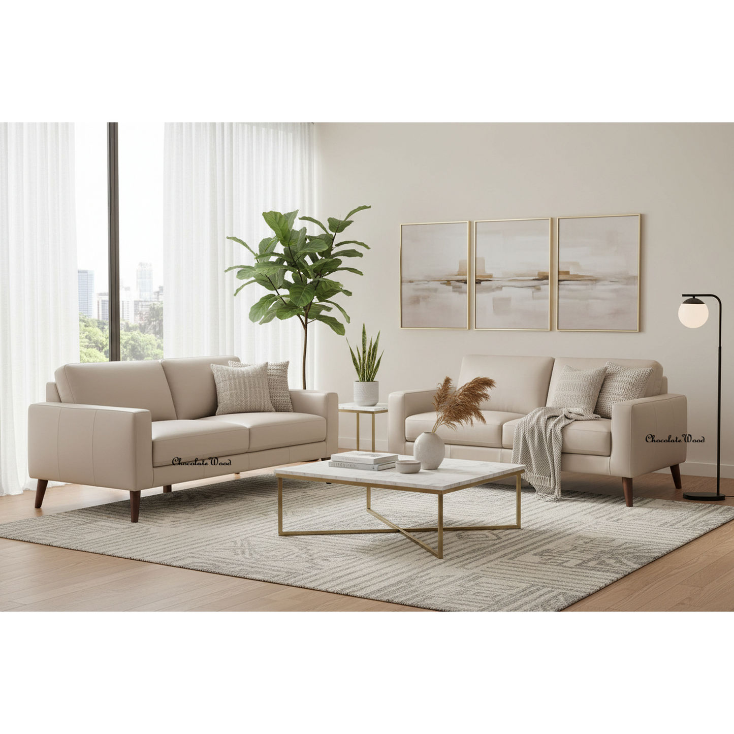 Thorna 2-Seater + 3-Seater Real Leather Sofa Set in Wheat angle