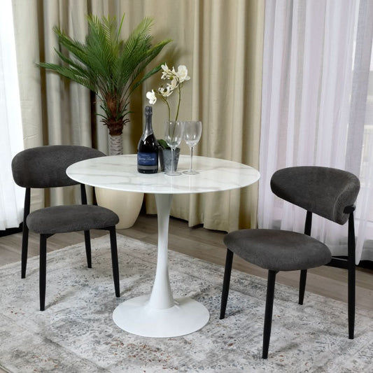 ALBERGE ROUND MARBLE-LOOK GLASS TOP DINING TABLE ON PEDESTAL METAL BASE WHITE - MyChocolateWood