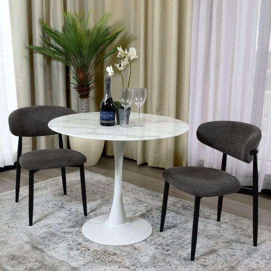 ALBERGE ROUND MARBLE-LOOK GLASS TOP DINING TABLE ON PEDESTAL METAL BASE WHITE - MyChocolateWood