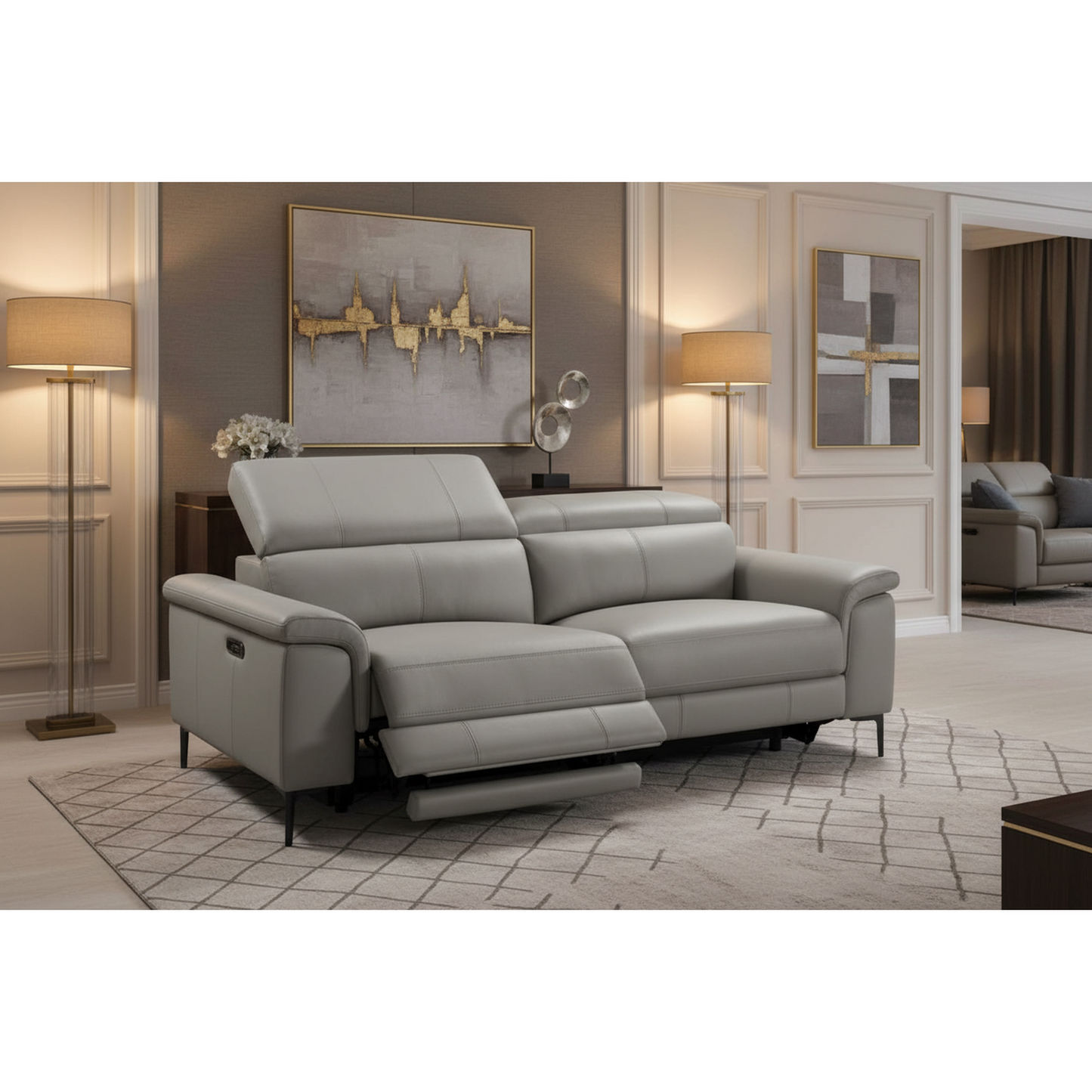 Brittas Leather 3-Seater Electric Recliner Sofa in Grey - Chocolate Wood