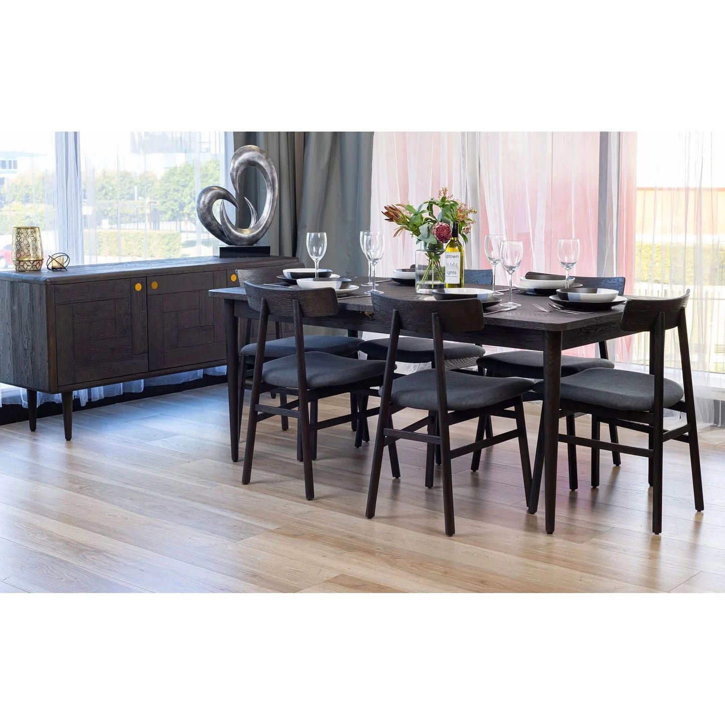 FARLOW OAK DINING TABLE SUITE WITH 6 FARLOW TIMBER SEAT DINING CHAIRS BLACK  180CM