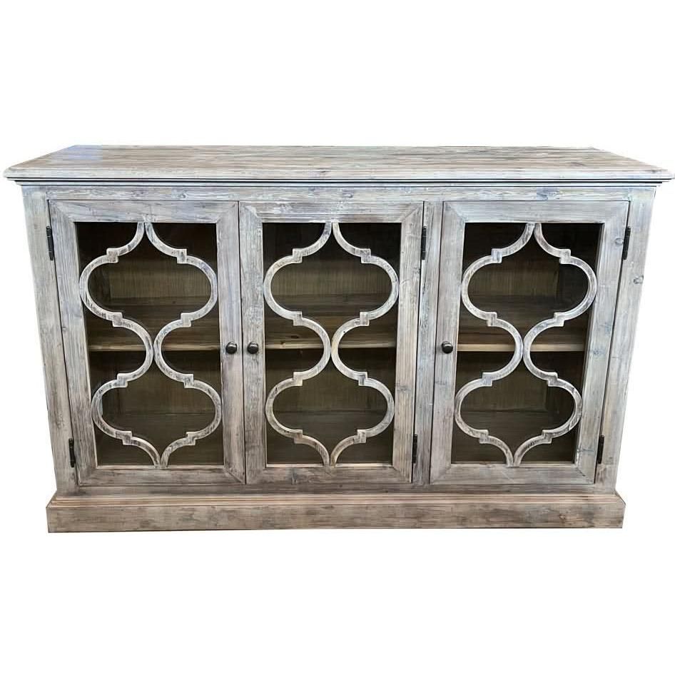 REINA GREYWASHED RECYCLED TIMBER/GLASS 3-DOOR BUFFET/SIDEBOARD - MyChocolateWood