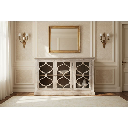 REINA GREYWASHED RECYCLED TIMBER/GLASS 3-DOOR BUFFET/SIDEBOARD - MyChocolateWood